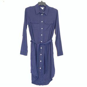 Caslon Lenin-Rayon Front Tie Long Sleeve MIDI Shirtdress in Navy Peacoat